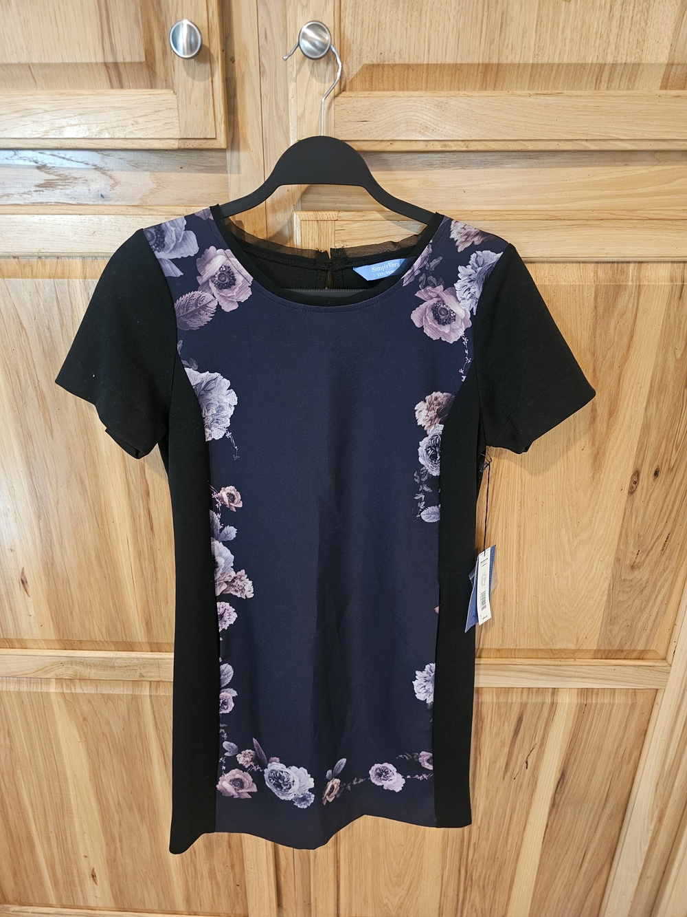Vera Wang Black Floral-Panel Mini Dress with Black Sides